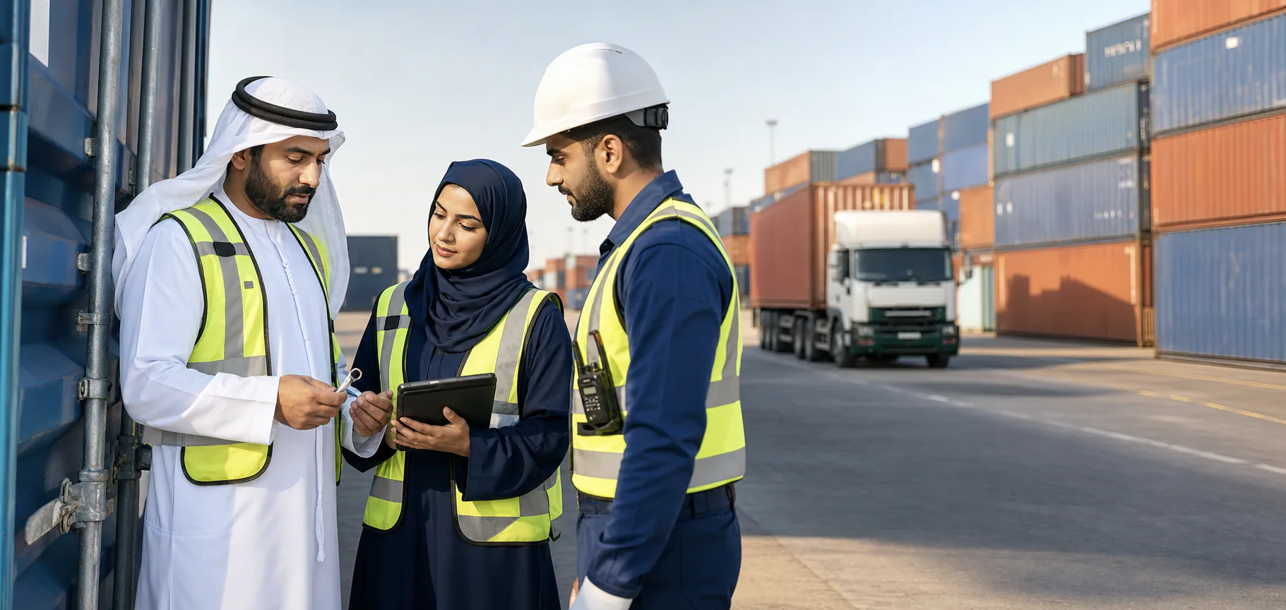 Gulf logistics professionals reviewing a container handoff at a modern terminal